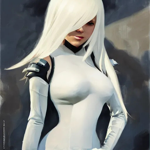 Image similar to greg manchess portrait painting of a 2 yorha type a no. 2 as overwatch character, white long hair, medium shot, asymmetrical, profile picture, organic painting, sunny day, matte painting, bold shapes, hard edges, street art, trending on artstation, by huang guangjian and gil elvgren and sachin teng