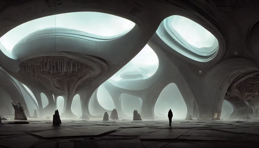 Prompt: the inside of a monument with alien motifs, by tim blandin and arthur haas and bruce pennington and john schoenherr, big windows architecture by zaha hadid, octane render, cinematic, scenery, cgsociety, modernism, futuristic, trending on artstation, sci - fi, high detail, high quality, close up angle, people walking