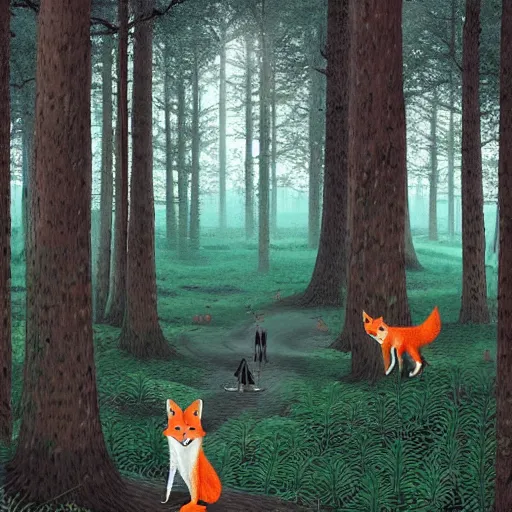 Prompt: a red fox and a ginger teen girl at dark forest where trees are huge, ultra realistic by ori toor and escher