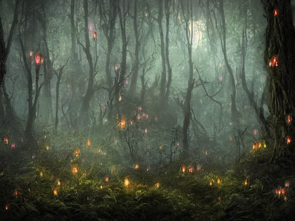 Prompt: neo-gothic fantasy woodland, hyperdetailed twigs and plants, moonlit nightscape, bioluminiscent fireflies, layered fog, moody lighting, photorealistic digital arts, 8K