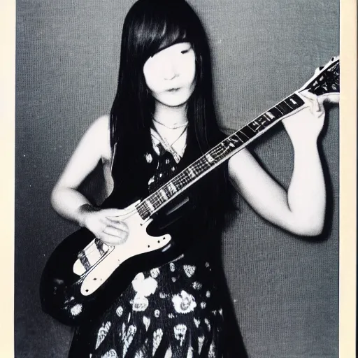 Prompt: a black and white polaroid of a female japanese musician playing an electric guitar, 1 9 7 0 s