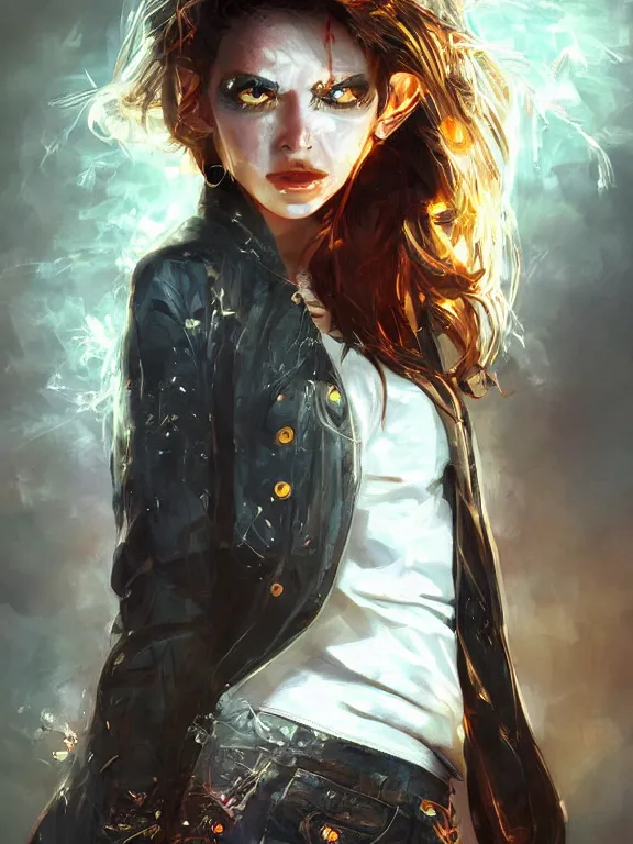 Image similar to digital illustration of a girl with eyes that burn like cigarettes wearing a short skirt and a long jacket with fingernails that shine like justice, dramatic lighting, photorealistic, full body shot, extreme detail, 4 k, colorful, artgerm and craig mullins