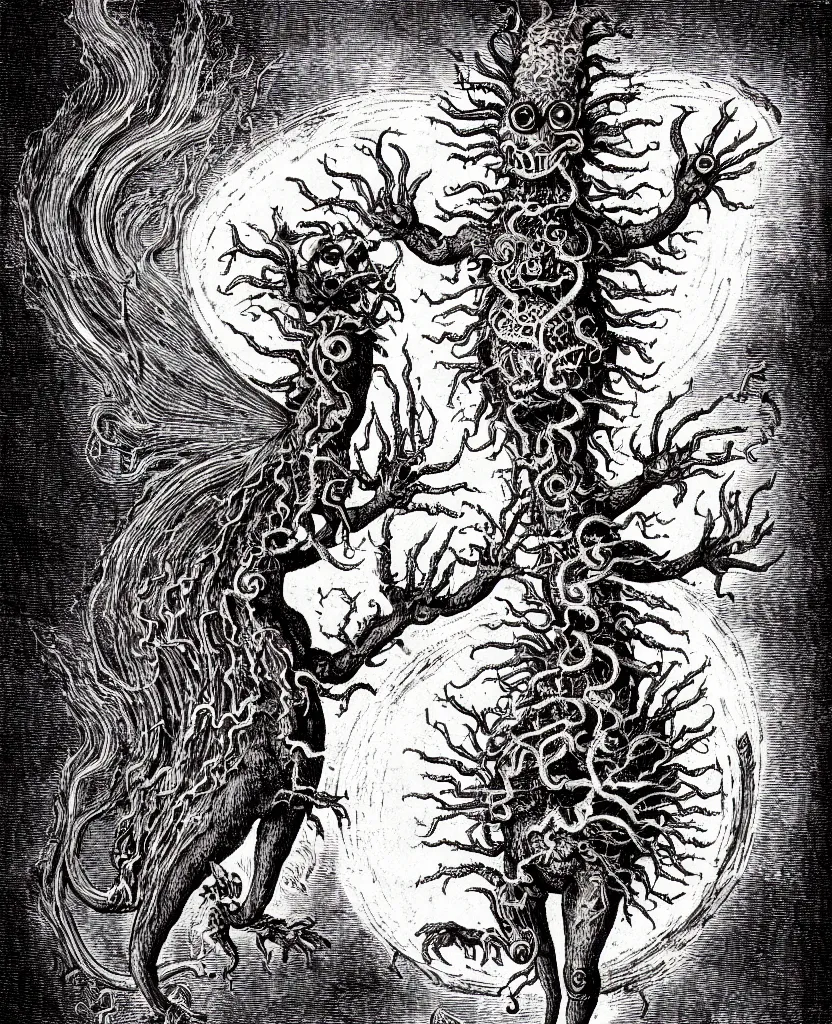 Image similar to fiery freaky whimsical monster creature sings a unique canto about'as above so below'being ignited by the spirit of haeckel and robert fludd, breakthrough is iminent, glory be to the magic within