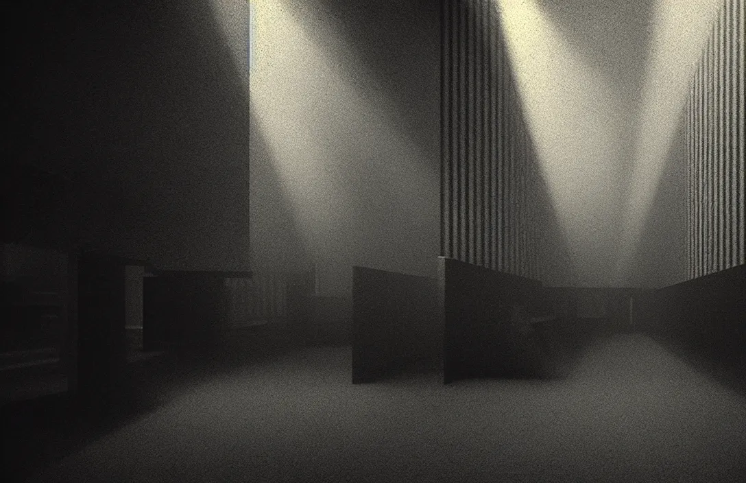 Image similar to line density is used for rendering light and shadow. intact flawless ambrotype from 4 k criterion collection remastered cinematography gory horror film, ominous lighting, evil theme wow photo realistic postprocessing implied lines building by mies van der rohe render by christopher soukup