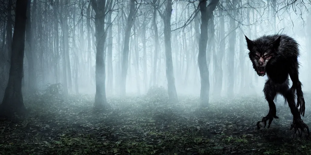 Prompt: a scary werewolf in a gloomy swamp, 50mm lens, special effects make up, RBFX, stan winston, cinematic, volumetric lighting