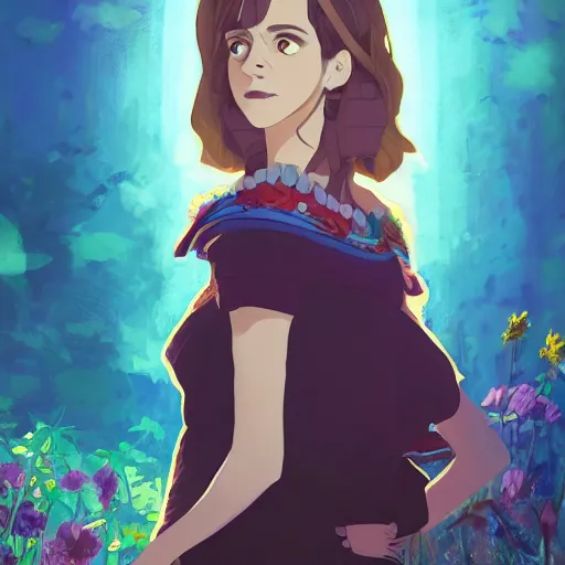 Image similar to portrait of Emma Watson as Hermione, dressed as Cleopatra, field of flowers background, rich vivid colors, ambient lighting, dynamic lighting, 4k, HQ, anime key visual, makoto shinkai, ilya kuvshinov, lois van baarle, rossdraws, detailed, trending on artstation