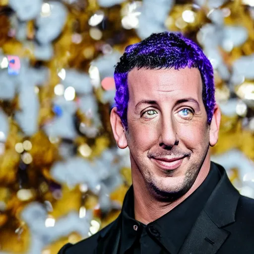 Image similar to Adam Sandler with silver-violet hair, white eyes and golden glittery dress, wide lens, diorama, 4k,