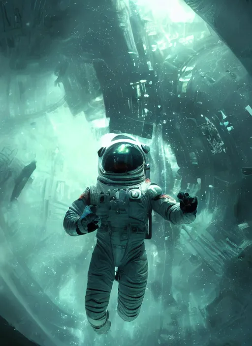 Prompt: concept art by craig mullins infrared complex and hyperdetailed technical astronaut dancing in futuristic dark and empty spaceship underwater. reflection and dispersion materials. rays and dispersion of light. volumetric light. 5 0 mm, f / 3 2. noise film photo. flash photography. unreal engine 4, octane render. interstellar movie art