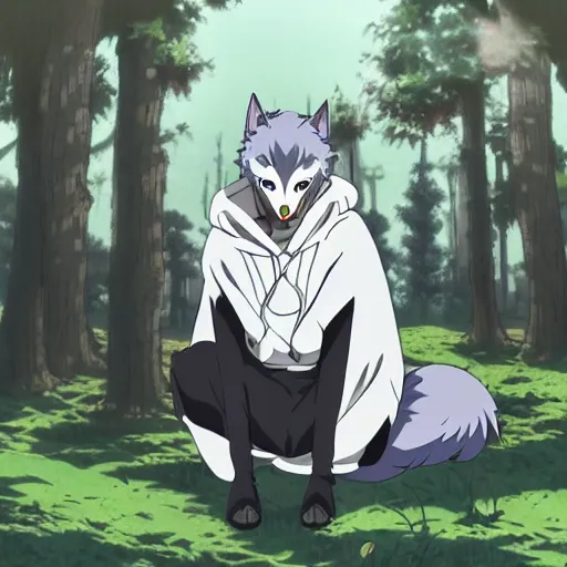 Prompt: key anime visual portrait of a handsome male anthro wolf furry fursona with beautiful eyes, wearing a hoodie in the forest, official modern animation