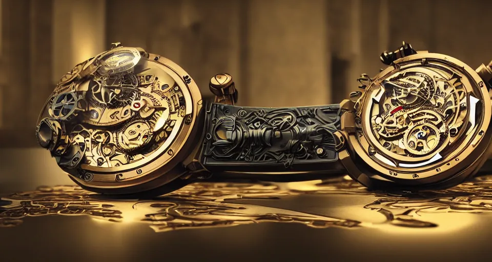 Image similar to complex 3 d render of a futuristic steampunk watch lying on a table, high detail, sharp focus, glowing interior components, intricate detail, depth of field, bokeh, cinematic lighting and composition, octane render, film grain, roger dubuis