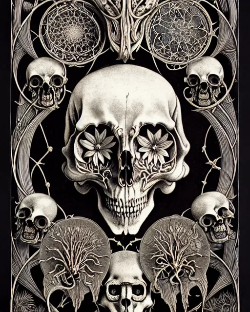 Image similar to art forms of nature by ernst haeckel, memento mori by arthur rackham, ornate antique porcelain beautiful skull mask, ultrasharp, photorealistic, hyperdetailed, octane render, polished, art nouveau, neo - gothic, gothic, intricate ornamental organic filigree, art nouveau botanicals, art forms of nature by ernst haeckel, horizontal symmetry, symbolist, visionary