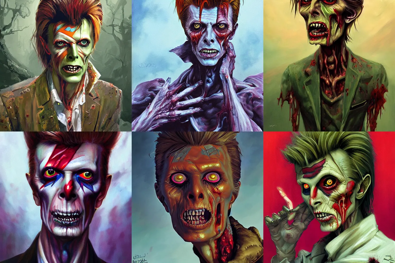 Prompt: portrait of zombie david bowie in a scenic environment by jesper ejsing and eddie mendoza, zombie, undead