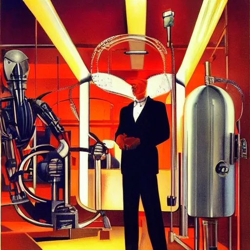 Prompt: man in futurist 6 0 ´ s lab, machines and futurist robots, red lights, part boris vallejo style, part leyendecker black suit