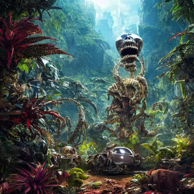 Prompt: octane render by lavinia fontana and naoto hattori and william henry hunt, focus on a giant massive huge enormous shiny reflective chrome skull inside a vast beautiful luscious alien jungle filled with glowing strange exotic plants and small critters, 8 k, volumetric lighting and shadows, unreal engine, cgsociety