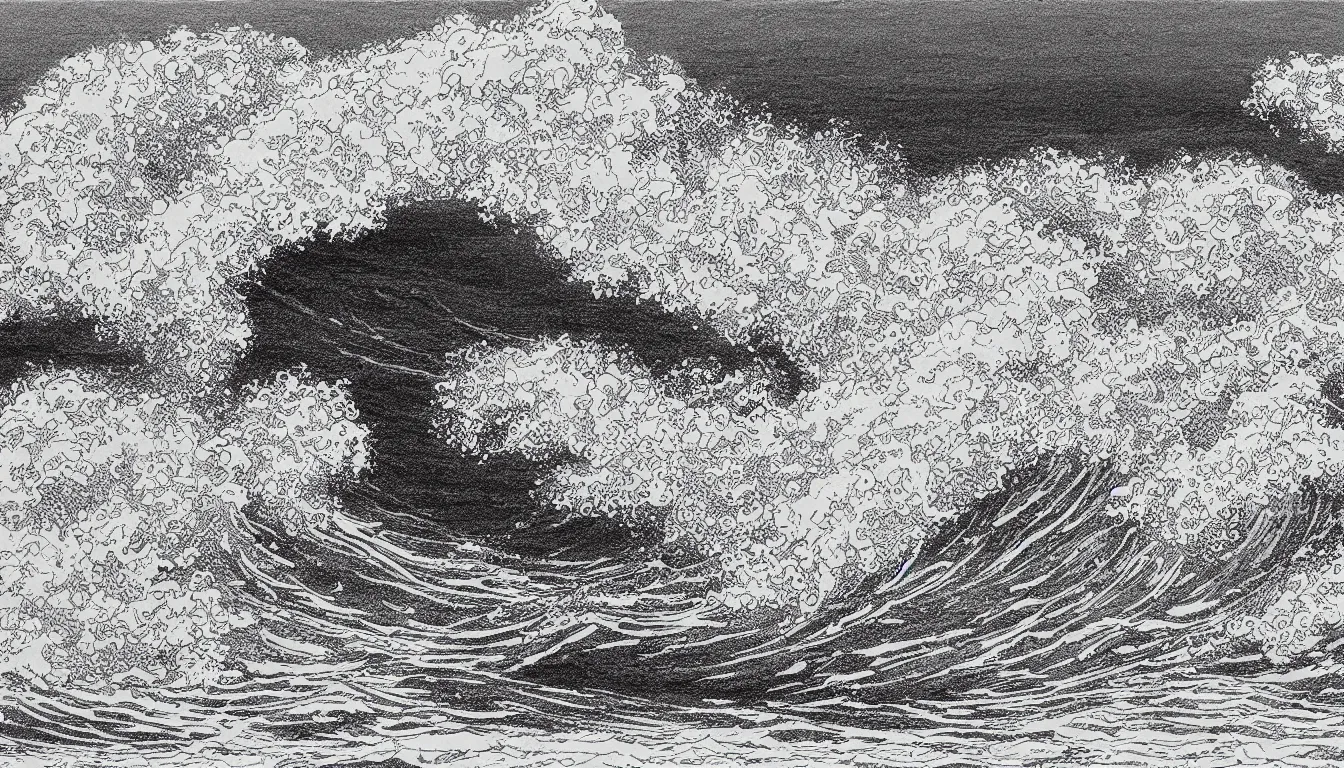 Prompt: huge waves far out at sea drawing by Moebius, minimalist, detailed, black and white drawing