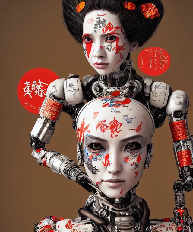 Image similar to an epic fantastic realism comic book style portrait painting of a japanese robotic geisha with kanji tattoos and decals, apex legends, octane render, intricate detail, 4 k hd, unreal engine 5