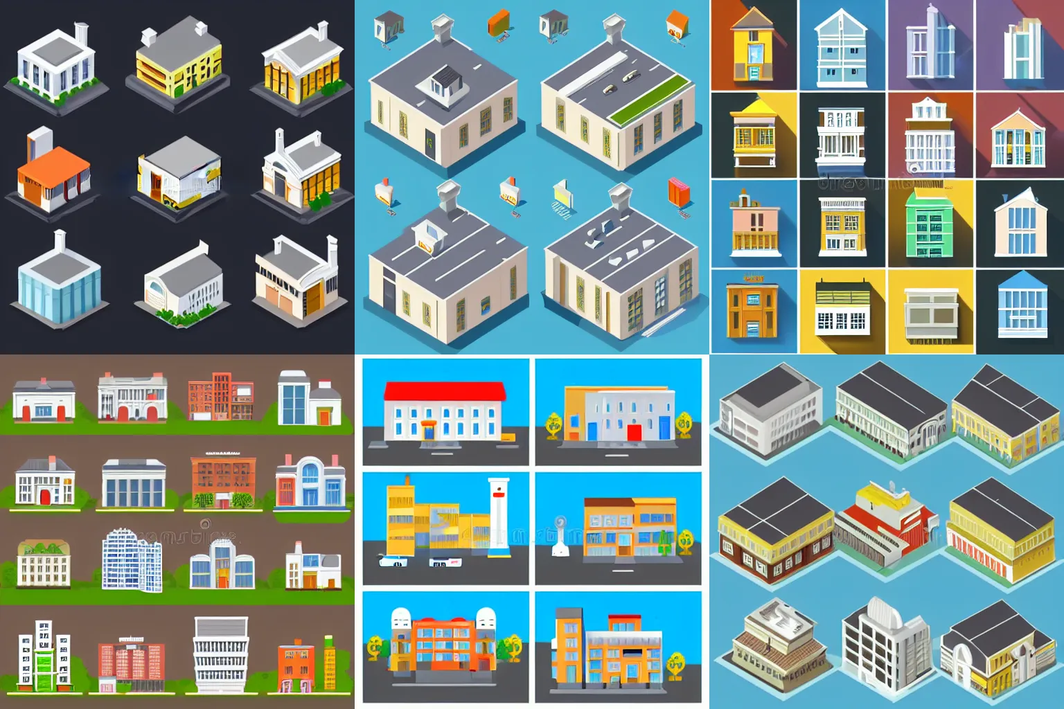 Prompt: isometric outline icons of a variety of private and commercial buildings like detached house, office buiding, factory, tenement. Architecture and real estate concept vector illustration