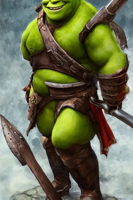 Image similar to A realistic anime portrait of Shrek, warrior, D&D, two handed Axe, full body plated armor, dungeons and dragons, tabletop role playing game, rpg, jrpg, digital painting, by Stanley Artgerm Lau, Frank frazzeta, WLOP and Rossdraws, digtial painting, trending on ArtStation, SFW version