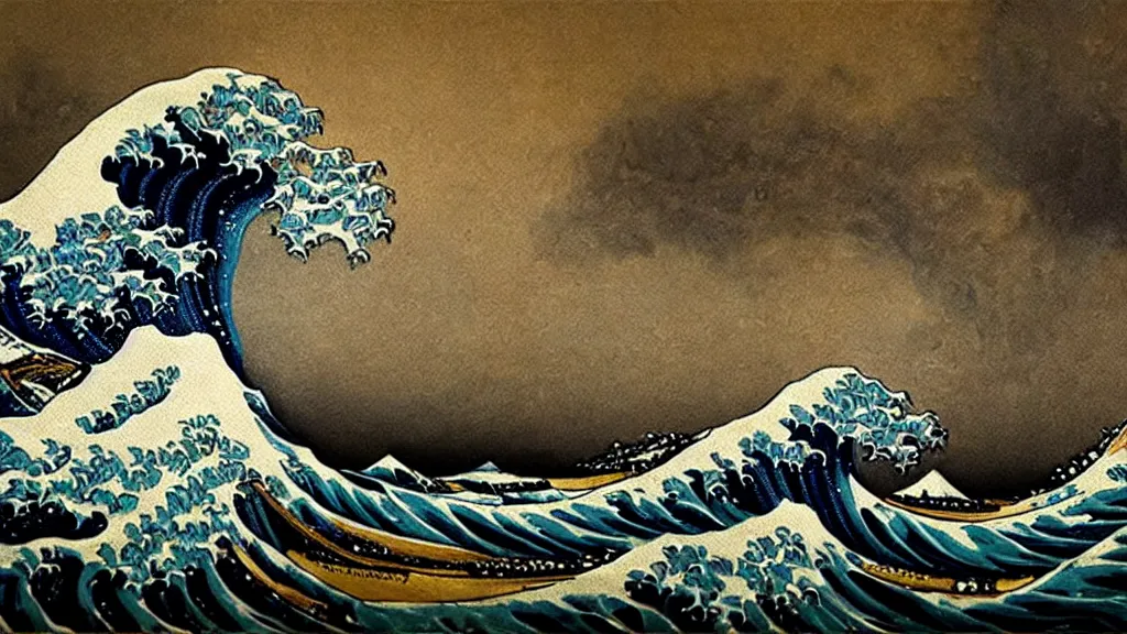 Prompt: oil painting by rembrandt, the great wave