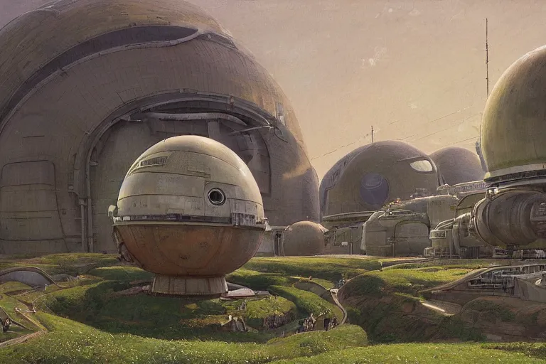 Image similar to an impressive science fiction big factory with a spherical architecture designed by boeing military and star wars with fat cables and pipes at its base, on a beautiful green hill in a the french countryside during spring season, painting by studio ghibli backgrounds and louis remy mignot hd, nice lighting, smooth tiny details, soft and clear shadows, low contrast, perfect