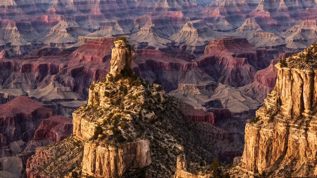 Image similar to an atmospheric film still by denis villeneuve featuring a dark gothic cathedral carved out of rock at the top of the grand canyon