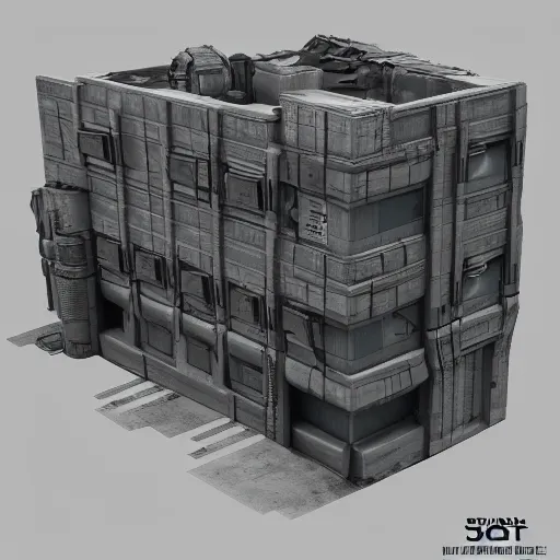 Image similar to 3d sculpt of a thick square industrial scifi cyberpunk building facade gun metal factory machine inspired by the matrix and star wars, by jim burns and terminator, Artstation Unreal W-960