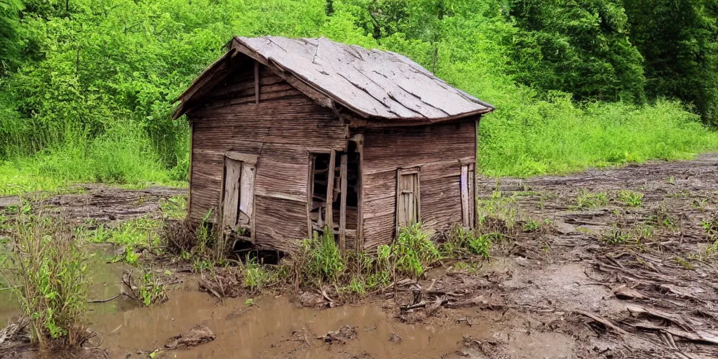 Prompt: abandoned very detailed wooden house, spring, mud, near river, very detailed