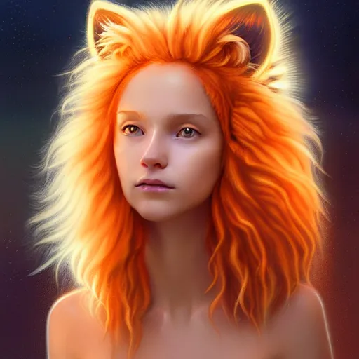 Image similar to Portrait of a girl angel with pale orange colored frizzy strands of illuminated hair, cat ears on her head, glowing halo, Lion's Mane, Lion's Gate, 8/8, fantasy, intricate, elegant, highly detailed, digital painting, artstation, concept art, smooth, sharp focus, illustration, art by Krenz Cushart and Artem Demura and alphonse mucha