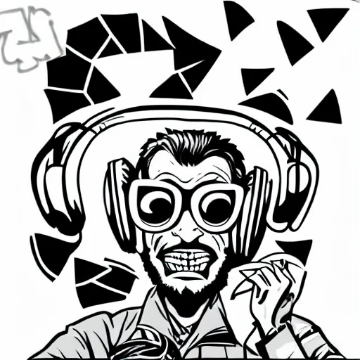 Image similar to svg vector sticker of absolutely insane-mad-scientist-villain, rocking out, wearing headphones, huge speakers, dancing, rave, DJ, spinning records, digital art, amazing composition, rule-of-thirds, award-winning, trending on artstation, featured on deviantart