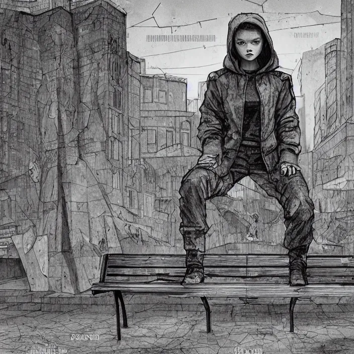 Image similar to storyboard : sadie sink in hoodie sits on bench in ruined square, pedestrians walk by, soviet monument and propaganda posters. scifi cyberpunk. by gabriel hardman. cinematic atmosphere, detailed and intricate, perfect anatomy