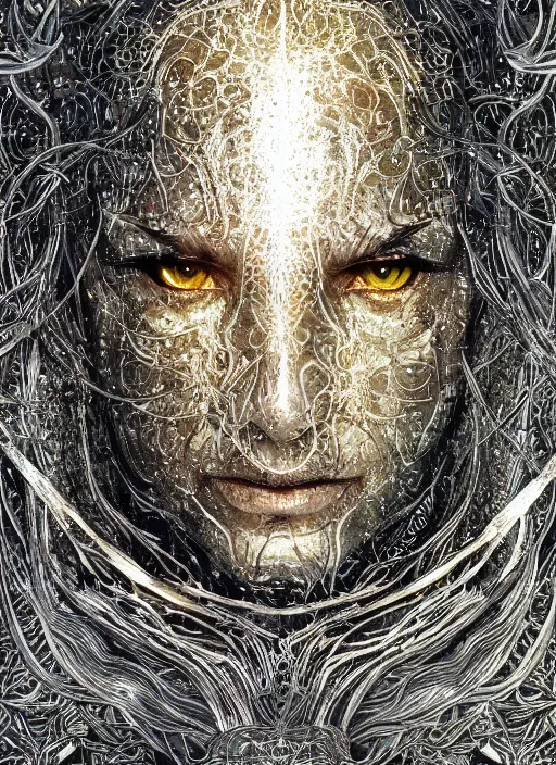 Prompt: glowing silver and golden elements, full close-up portrait, vector crow, book cover, green forest, white moon, establishing shot, extremly high detail, photo-realistic, cinematic lighting, pen and ink, intricate line drawings, by Yoshitaka Amano, Ruan Jia, Kentaro Miura, Artgerm, post processed, concept art, artstation, matte painting, style by eddie mendoza, raphael lacoste, alex ross