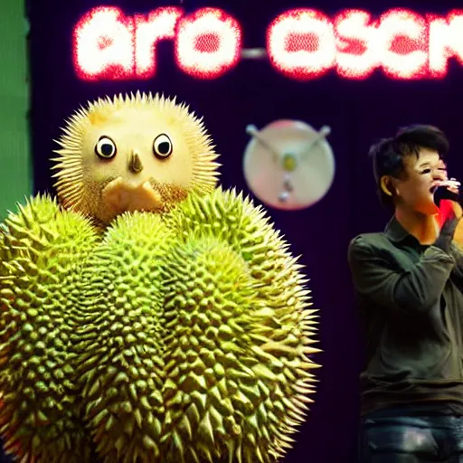 Prompt: anthropomorphic durian on stage, singing