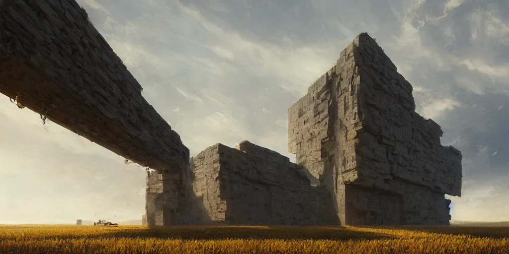 Prompt: wide shot of a monolithic structure suspended in the air high above a cornfield, late afternoon, golden hour, highly detailed, smooth, sharp focus, concept art by greg rutkowski and ruan jia