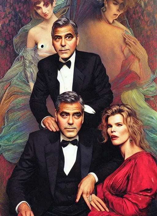 Prompt: george clooney wearing a formal black suit and kim basinger wearing a red dress in love sitting side by side, highly detailed, focus stacked, candid portrait, art by artgerm and greg rutkowski and alphonse mucha and monet and rembrandt