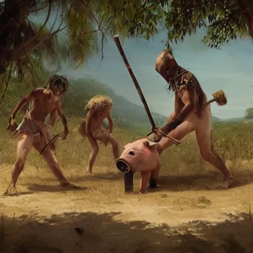 Prompt: teenage boys dressed as savages with wooden clubs dancing around a pig ’ s head on a stick, on a deserted island in the pacific, by greg rutkowski,