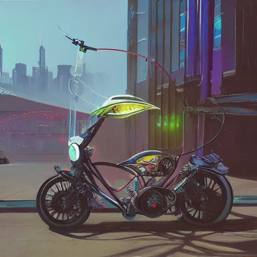 Prompt: painting of syd mead artlilery scifi hover bike with ornate metal work lands on a sidewalk, filigree ornaments, volumetric lights, simon stalenhag