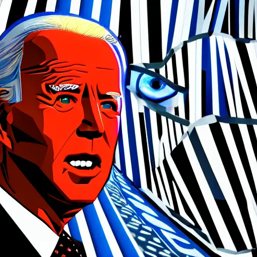 Image similar to portrait of asphalt face, joe biden, primary colors, faceted reflections, angry looking at camera, lasers shooting out of eyes, outdoor, black sky, 8 k, realistic, depth of field, highly detailed, award winning photography.