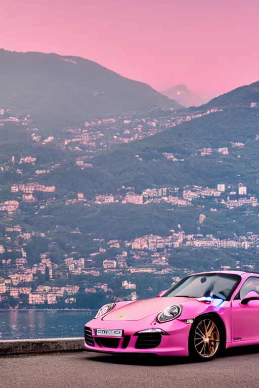 Prompt: Photo of a pink Porsche 911 Carrera 3.2 parked on a dock with Lake Como in the background, wide shot, poster, rule of thirds, photo print, golden hour, daylight, vibrant, volumetric lighting, award winning