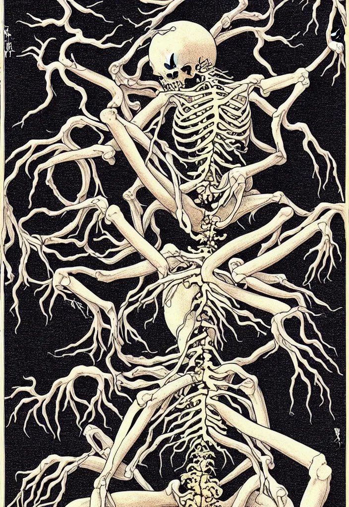 Image similar to prompt: anatomy dissection drawing of magical white skeleton Bonsai tree squid creature roots merging into big moon drawn by Takato Yamamoto, bonsai skeleton anatomy atlas, veins and organs attached to tree roots, alchemical objects inspired by 1980's sci-ci, intricate oil painting detail, manga 1980