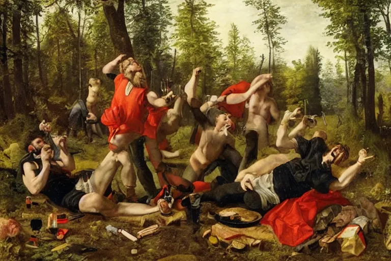 Image similar to mid - thirties guys binge drinking in a forest, in the style of skovgaard