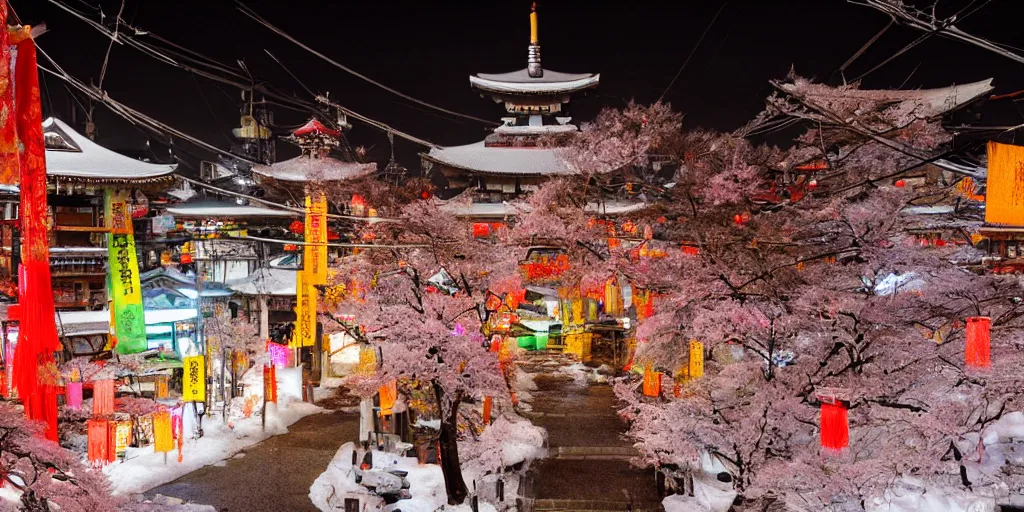 Image similar to a Japanese cyberpunk shrine, snowing, photograph,, sharp focus, intricate detail, high resolution, 8k, neon streetlights, wires hanging down everywhere, Japan, colourful, prayer flags