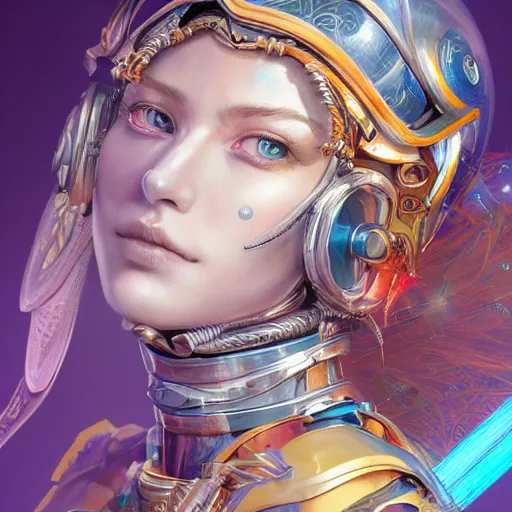 Image similar to studio portrait of lawful good colorful female holy mecha paladin absurdly beautiful, elegant, young sensual graceful woman, ultrafine hyperrealistic detailed face illustration by kim jung gi, irakli nadar, intricate linework, sharp focus, bright colors, matte, octopath traveler, final fantasy, unreal engine highly rendered, global illumination, radiant light, intricate environment