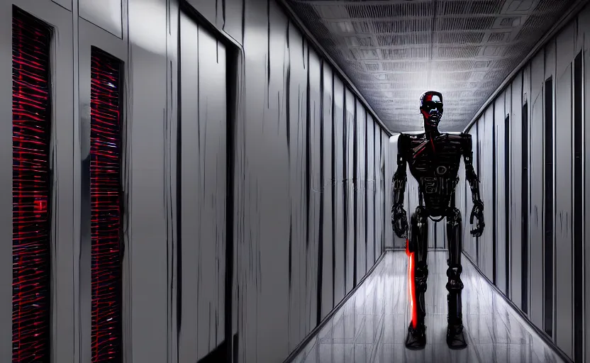 Image similar to terminator without flesh, staying in front of server room. extreme long shot, high detail, low saturated red and blue light, cinematic colors