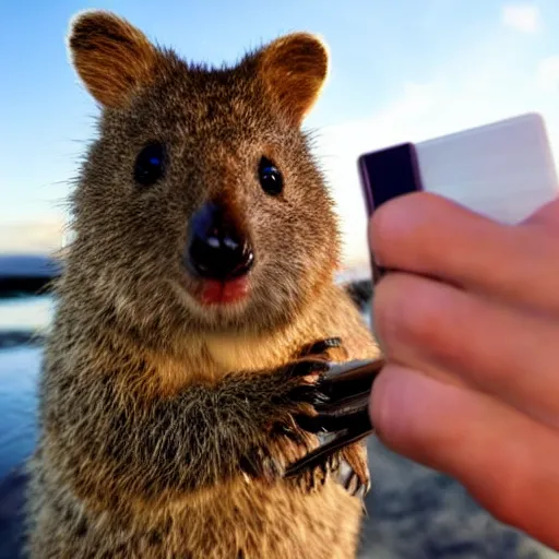 Prompt: happy quokka taking a selfie and smoking a joint, golden hour, ultra realistic