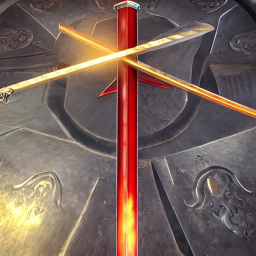 Prompt: red medieval swords symbol, epic legends game icon stylized digital illustration radiating a glowing aura global illumination ray tracing hdr fanart arstation by ian pesty and katarzyna bek - chmiel