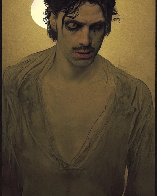 Image similar to a handsome but sinister and creepy man in layers of fear, with haunted eyes, violence in his eyes, 1 9 7 0 s, seventies, delicate embellishments, a little blood, woodland, moonlight shining on wildflowers, painterly, offset printing technique, by alexandre cabanel