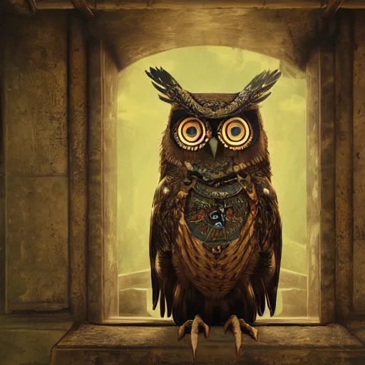 Image similar to a Warrior owl art nuveau, steampunk, symmetry, full frame, cinematic light , unreal engine,