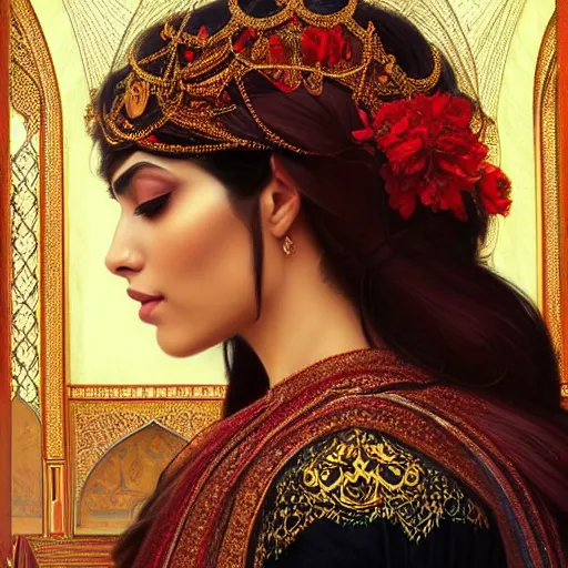 Image similar to Beautiful portrait of a Persian Princess who is an architect, beautiful princess, face painting, architecture, persian style architecture, dramatic lighting, intricate, wild, highly detailed, digital painting, artstation, concept art, smooth, sharp focus, illustration, black+velvet+red, art by artgerm and greg rutkowski and alphonse mucha, footage from space camera