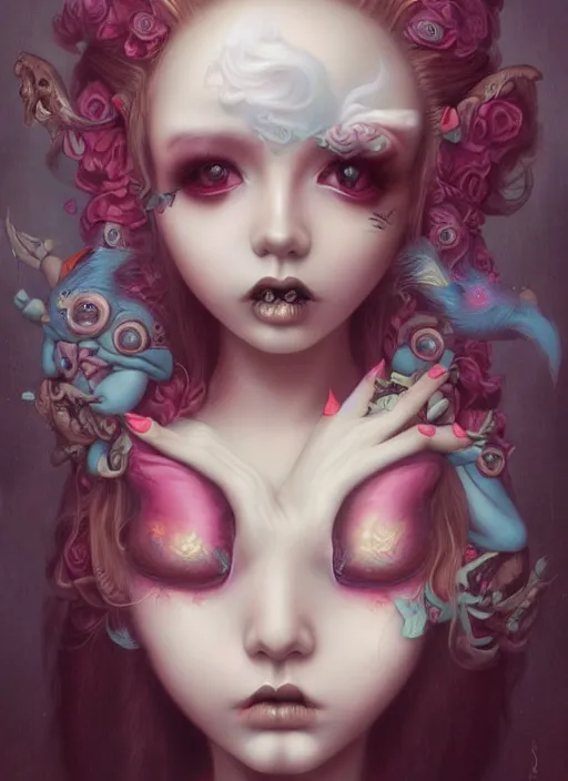 Image similar to pop surrealism, lowbrow art, realistic cute girl painting, japanese street fashion, hyper realism, muted colours, rococo, natalie shau, loreta lux, tom bagshaw, mark ryden, trevor brown style,