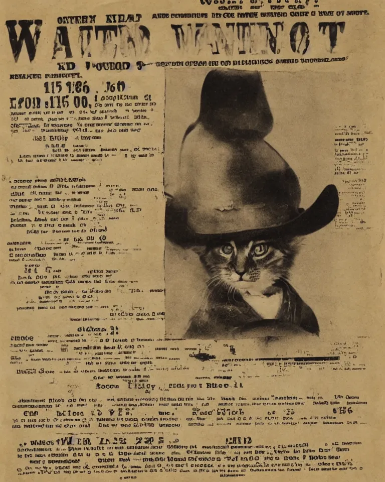 Image similar to 1865 wanted poster Wanted $1000 Reward kitten in cowboy hat Billy the Kit